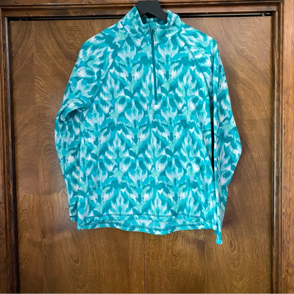 Eddie Bauer Large Aztec Boho Green White Fleece Pullover 1/4 Zip Long Sleeve